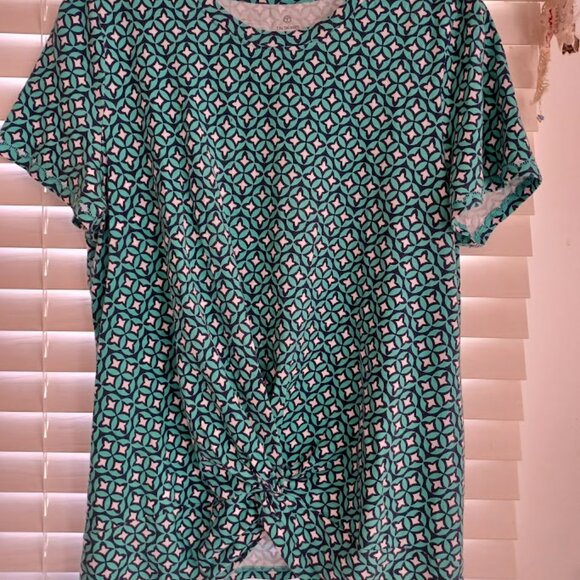 T by Talbots Women’s L Green Blue Geometric Print Short Sleeve Knit Top Cotton - Picture 5 of 7